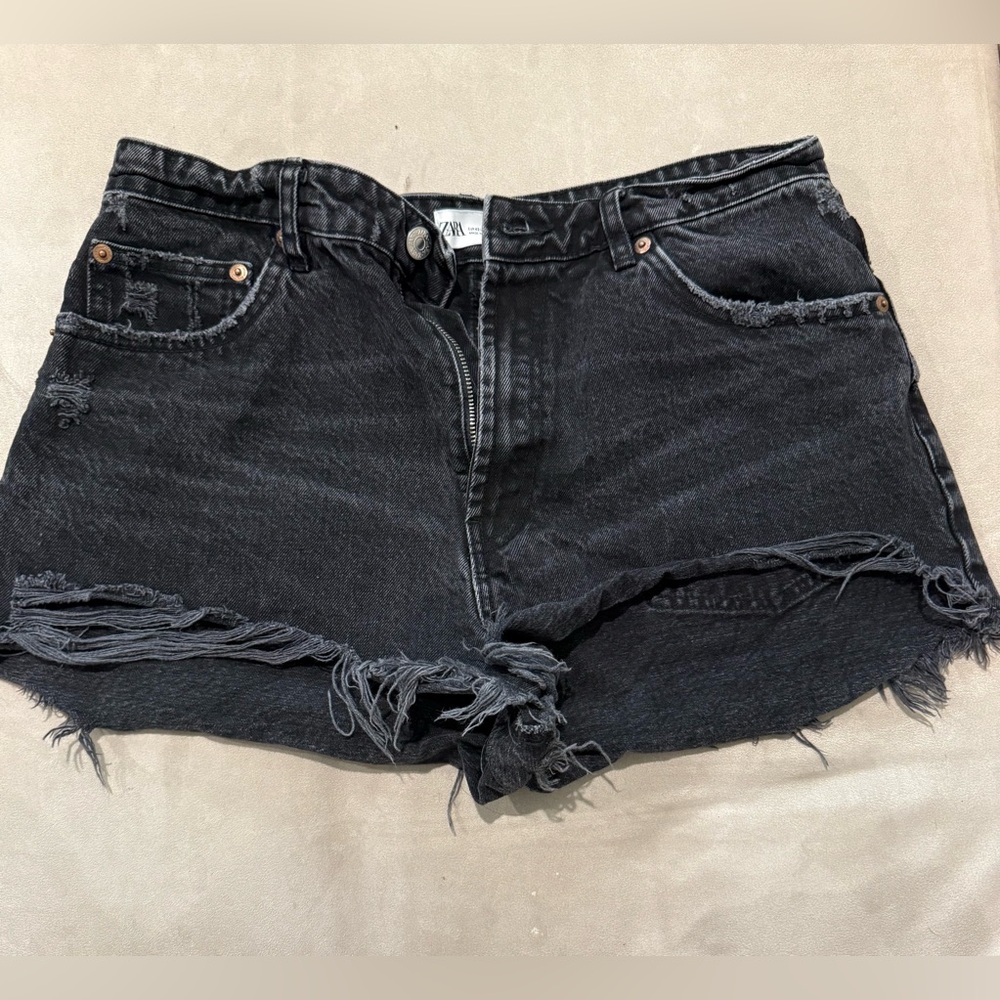 ZARA Black Distressed Denim Shorts Size 10